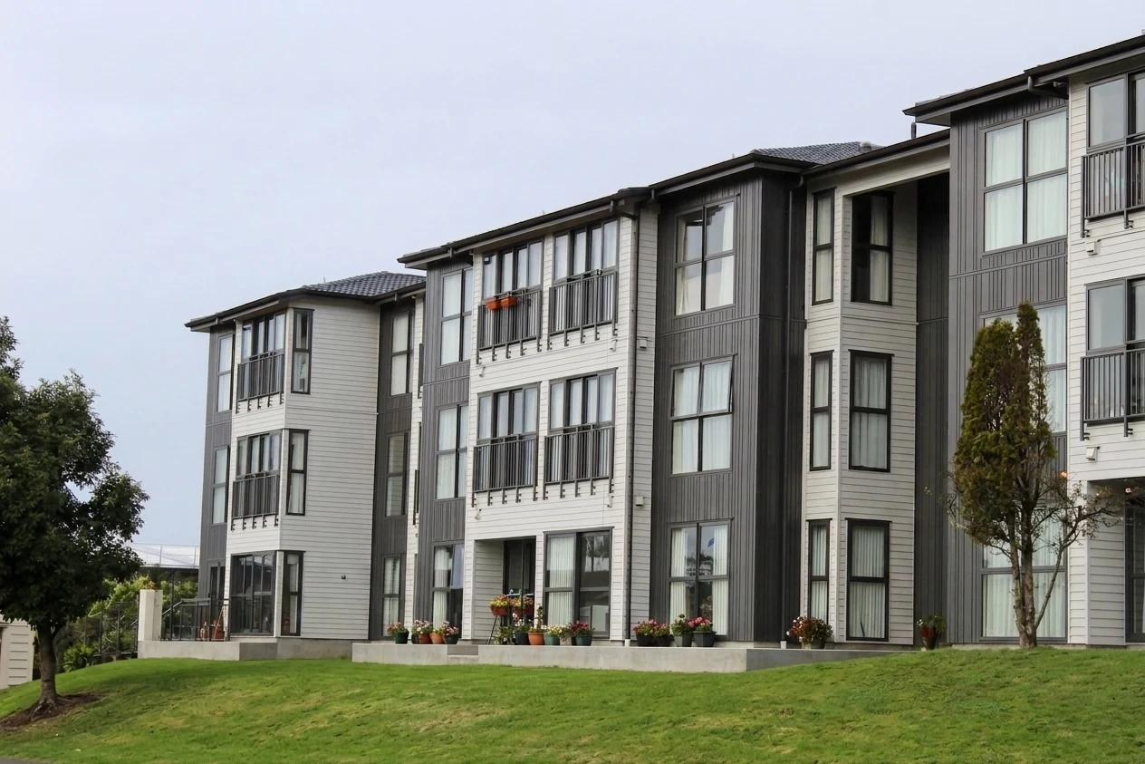 Three-storey retirement village apartment building with refurbished exterior and planted grounds